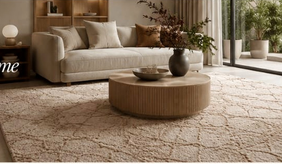 Warm living room with a custom carpet and neutral furniture